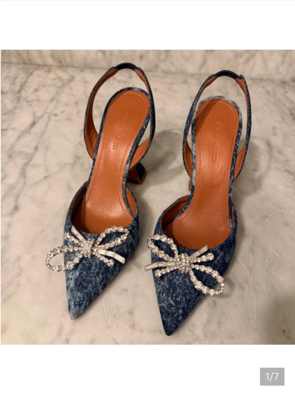Amina Muaddi Blue Denim Pointed Slingback Pumps with Crystal Bow size 37